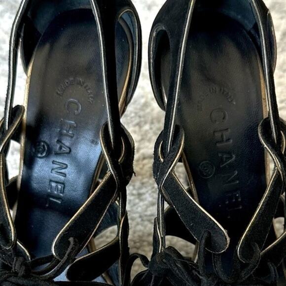 CHANEL Black Suede Tassel Lace Open Toe Heel Sandal IT 36 - Picture 5 of 14